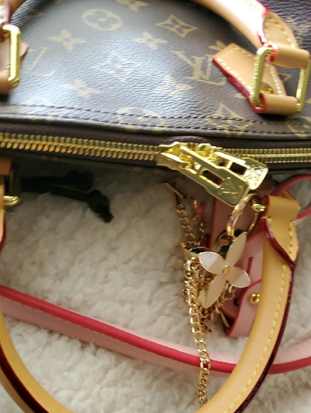 Brown Monogram Satchel with Pink Strap and Gold Hardware - Picture 11 of 11